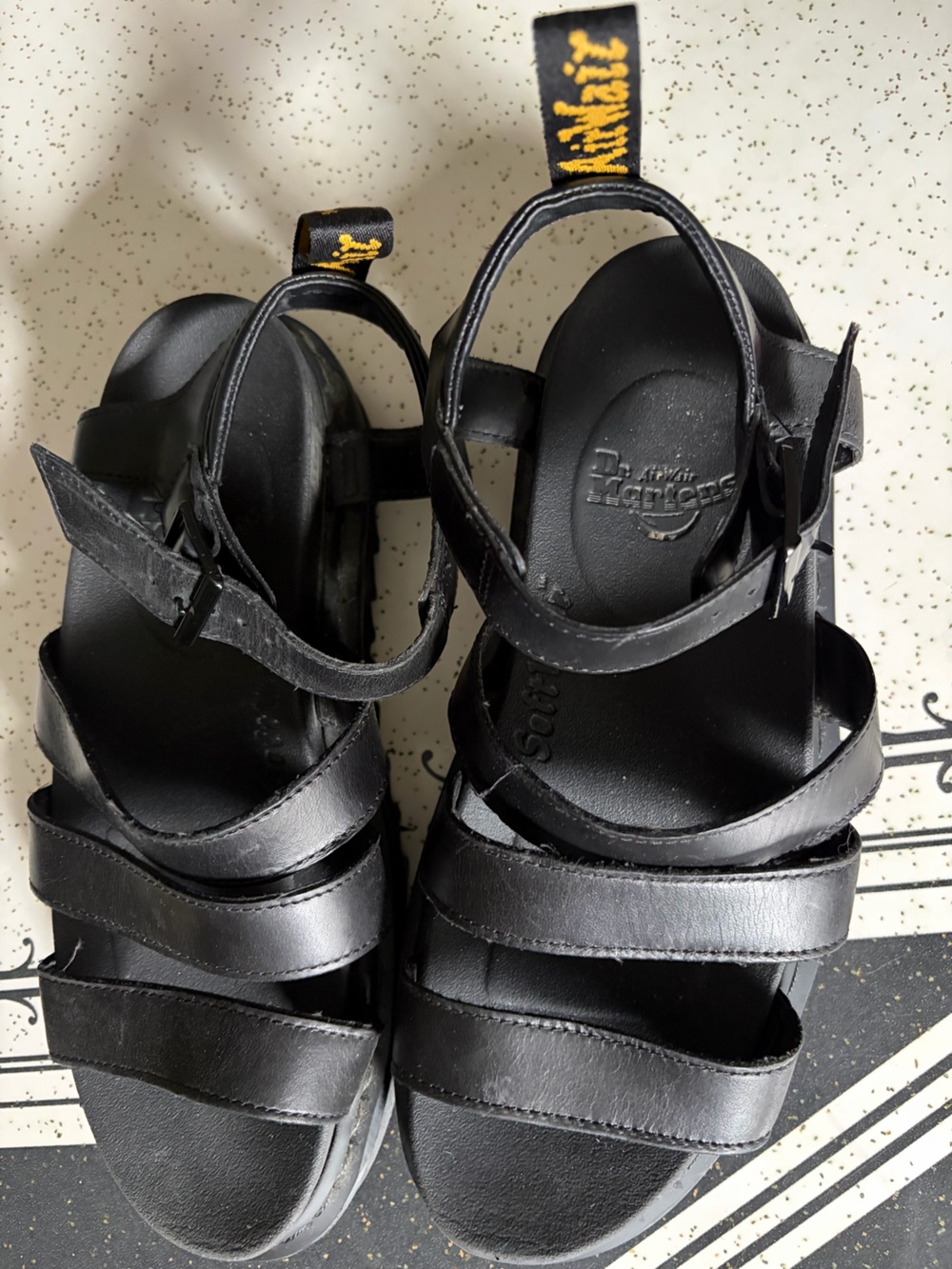 Dr. Martens Black Leather Triple-Strap Platform Sandals; size 9